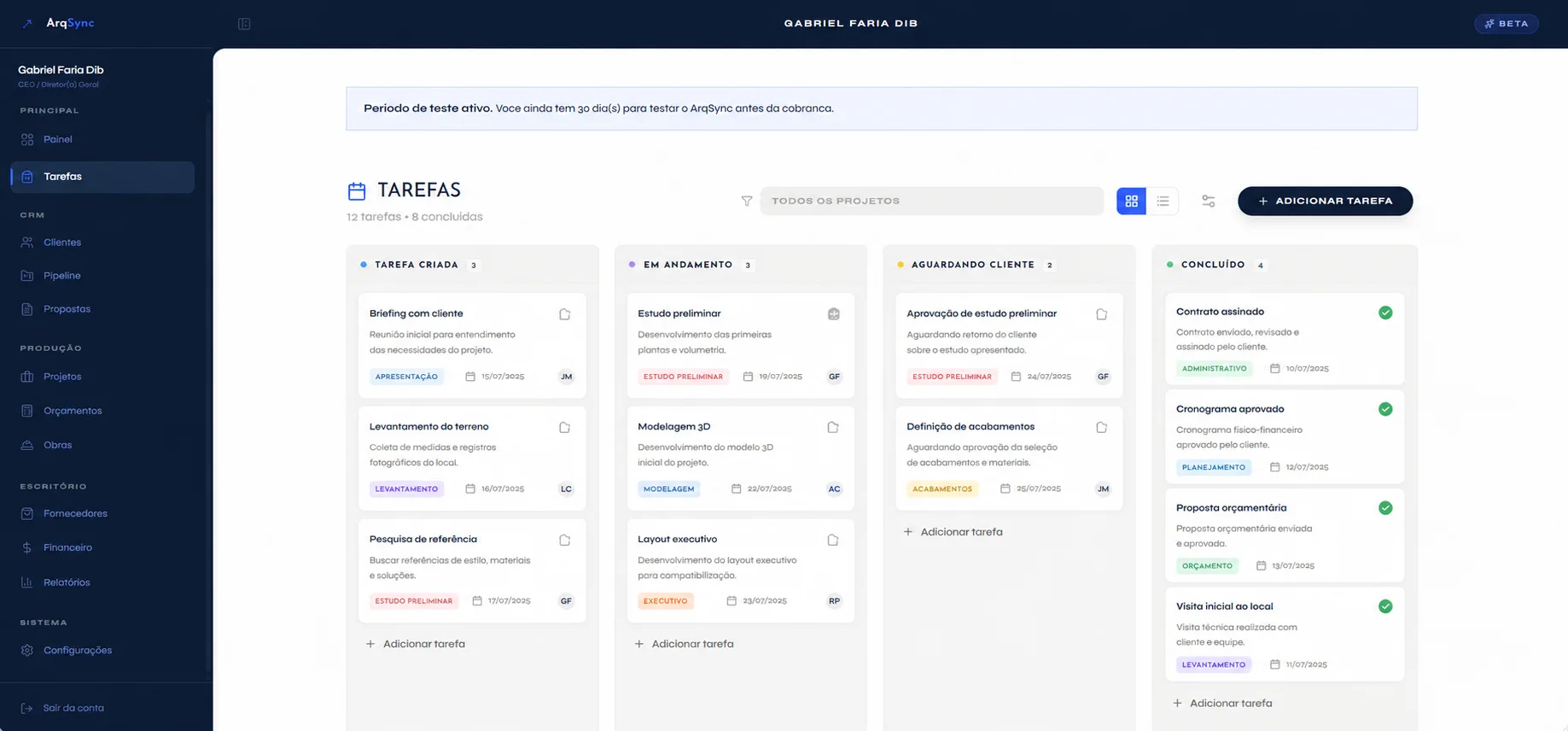 Tarefas e follow-ups do ArqSync organizados por status, de criada a concluída