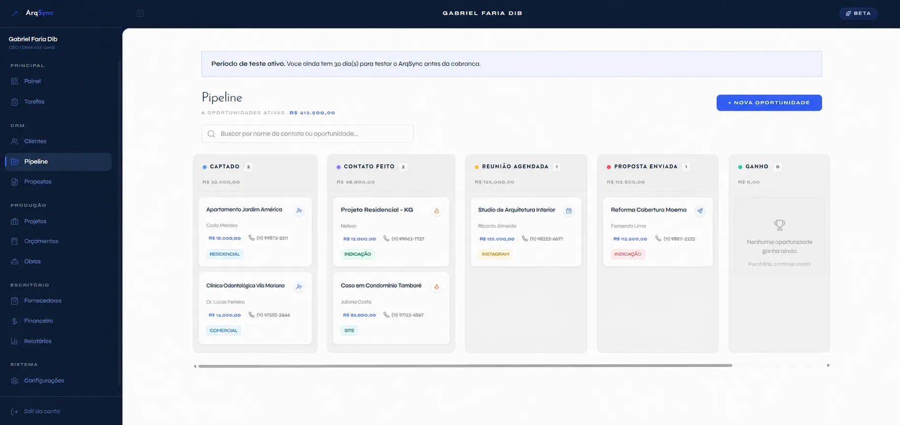 Pipeline do ArqSync: oportunidades organizadas por fase, de captado a ganho